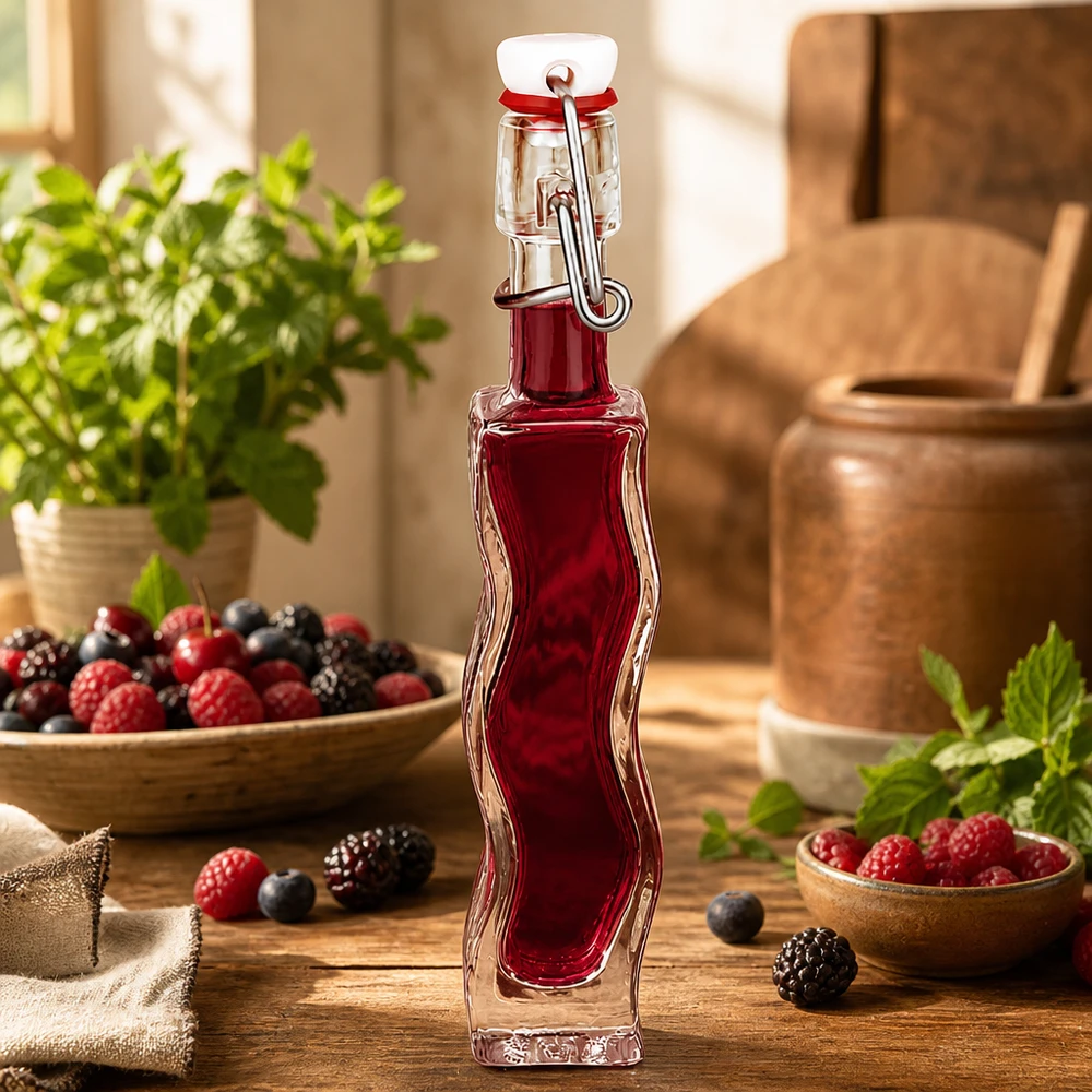 40ml Glasflasche "Anna" mit PVC Bügelverschluss UNiTWIST 40ml Glasflasche Anna mit Beerensaft gefüllt, dekorativ arrangiert mit frischen Beeren und Minze auf Holztisch