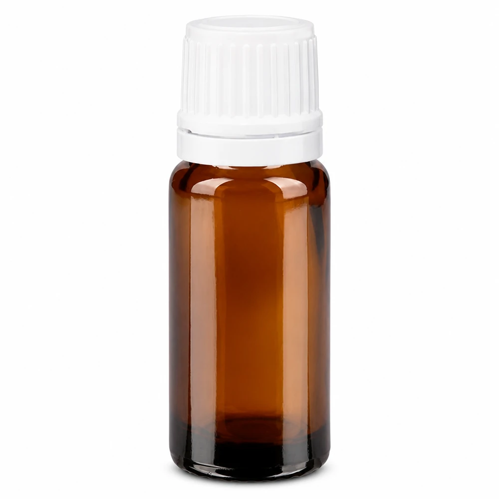 Apteekkipullo ruskea 10ml tiputuskorkki 1.2mm valkoinen väärentämisen estävä korkki 10 ml:n ruskea lasinen apteekkipullo, jossa on valkoinen tippakorkki (OV) ja 0,7 mm:n tippa-aukko