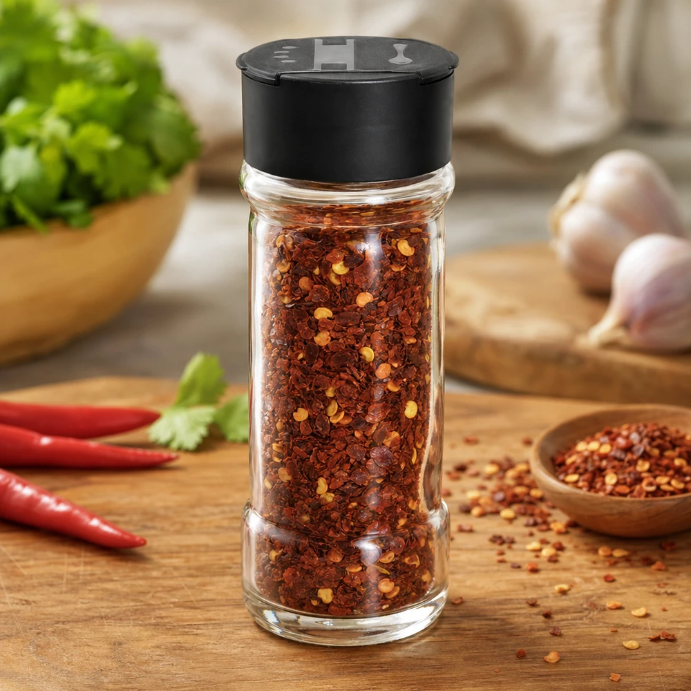 Läpinäkyvä 100 ml:n lasipurkki, joka on täytetty chilihiutaleilla ja varustettu mustalla kaksoisannostelukorkilla
