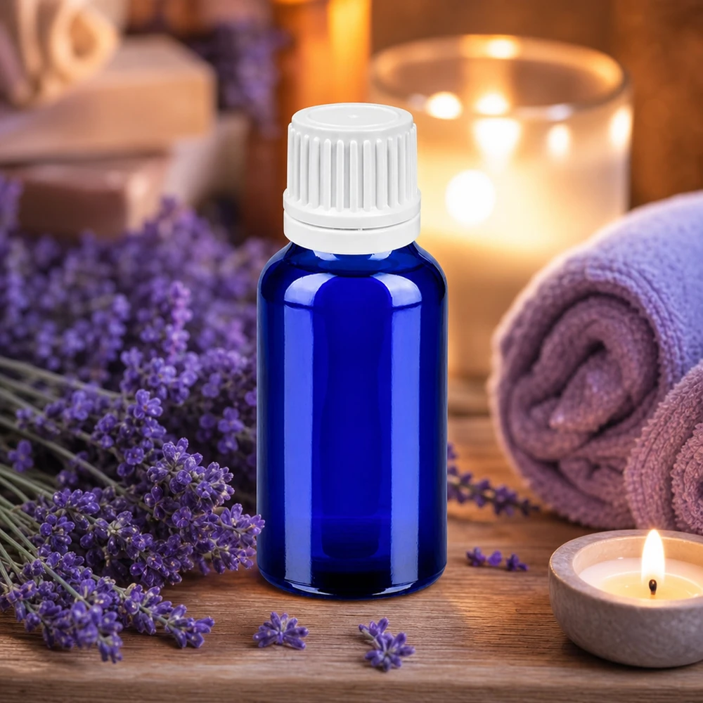20ml BlueLine tippapullo valkoisella OV-korkilla eteerisille öljyille ja kosmetiikalle.