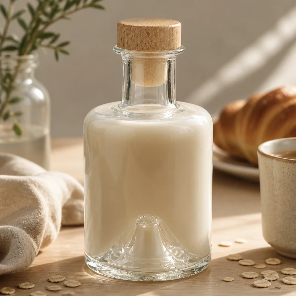 200ml Sofia-lasipullo, jossa on puukorkki, täynnä kermaista kauramaitoa luonnollisessa keittiötunnelmassa kaurahiutaleiden kanssa.