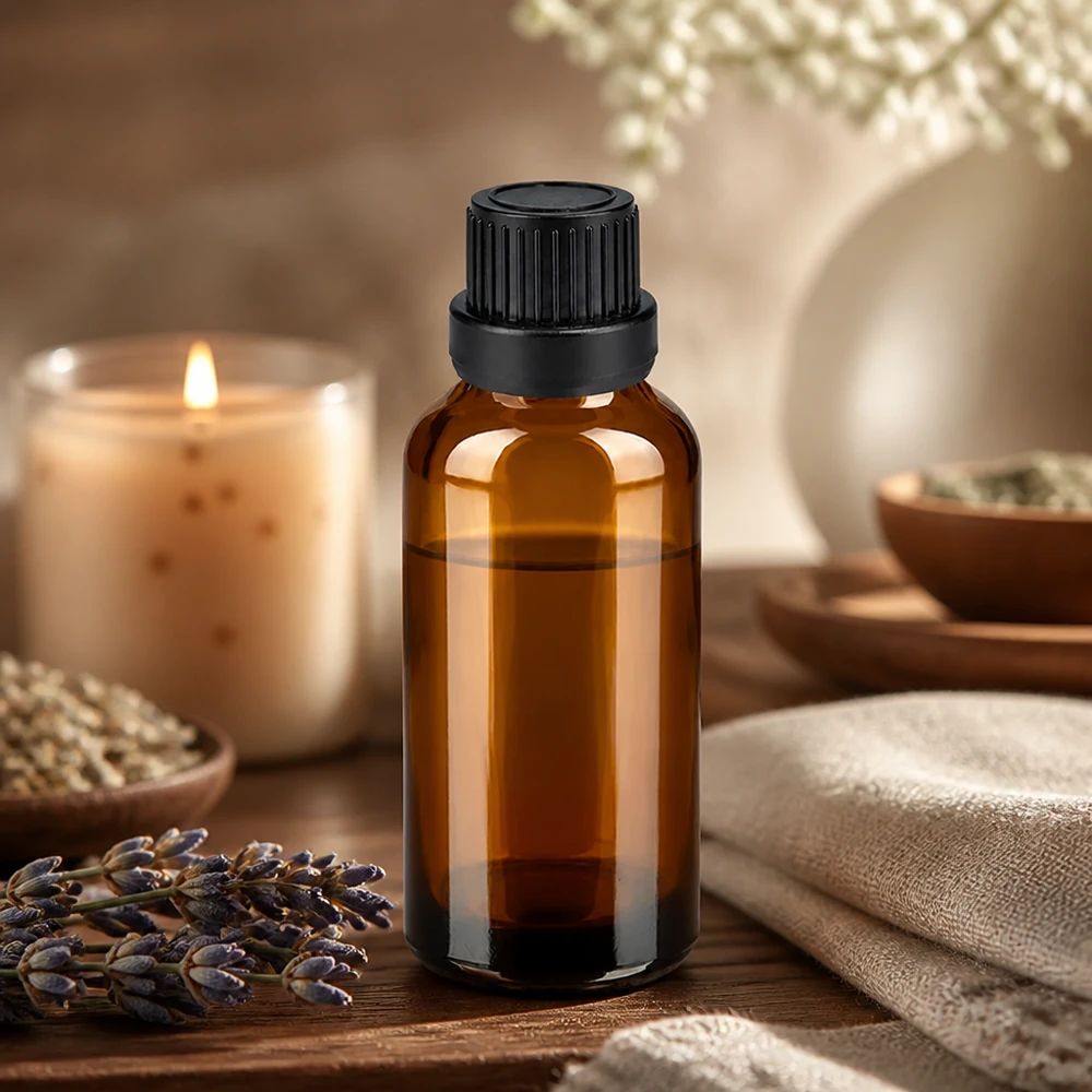 Kompakti 30ml meripihkanvärinen lasipullo sopii aromaterapiaan ja luonnollisiin ihonhoitotuotteisiin.