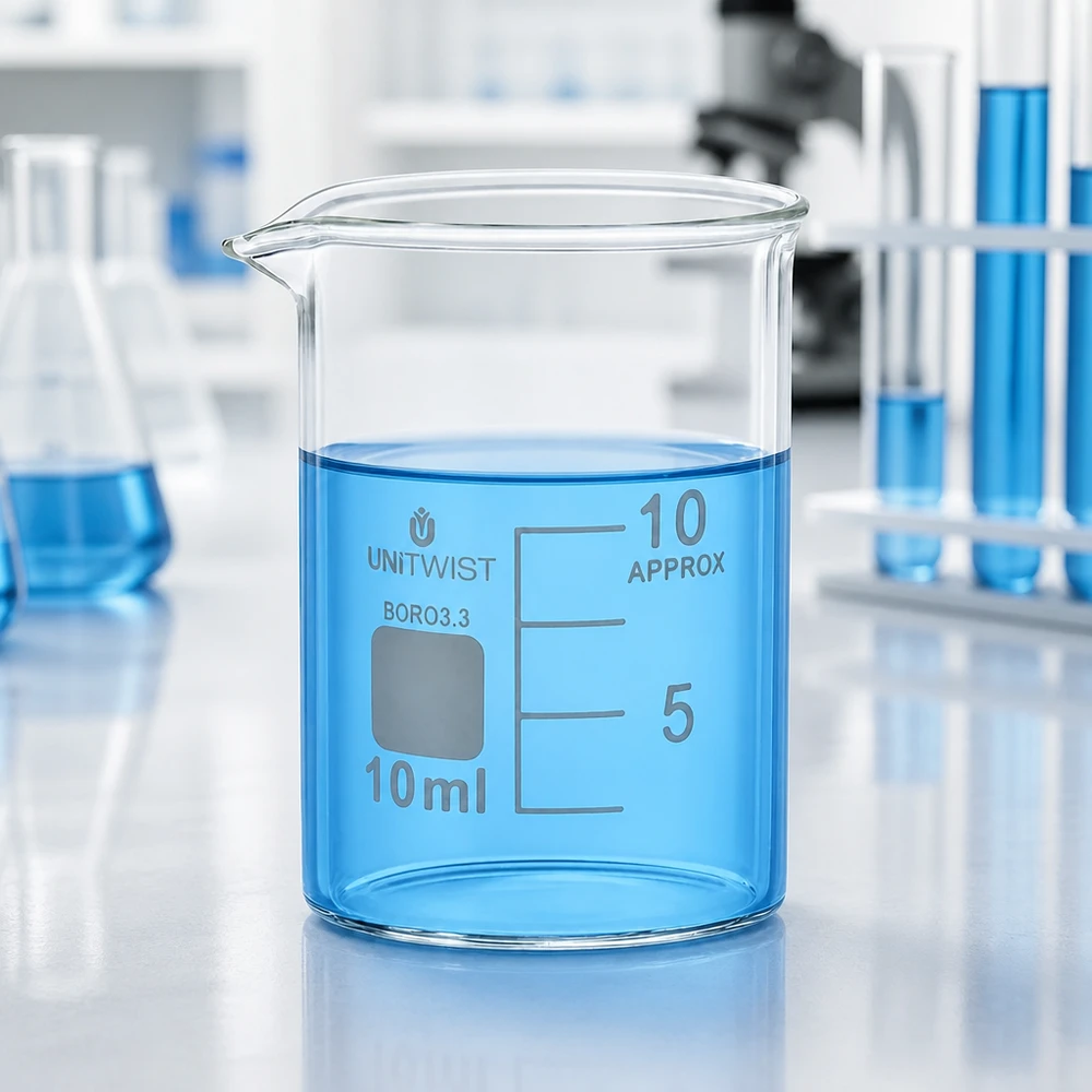 Kirkas 10 ml:n laboratoriomuki, jossa on sinistä nestettä, valkoisella laboratoriopöydällä