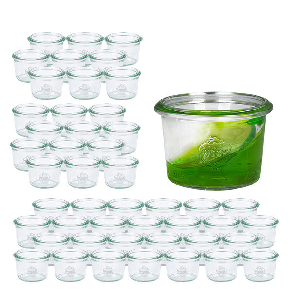 Setti, jossa 48 Weck 80 ml:n juomalasia.