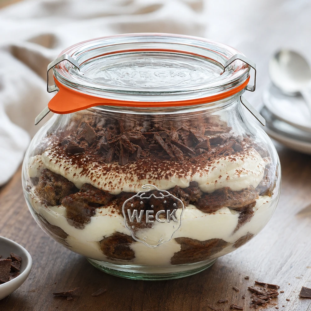 560 ml:n koristepurkki, täydellinen WECK RR80 WECK säilöntäpurkki 560ml täynnä tiramisu jälkiruokaa, käytännön käytön esittely säilytyspurkkina
