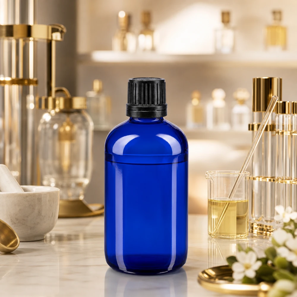 Apteekkipullo sininen 100ml ruuvikorkki musta valurengas sinetöityä sulkemista varten. Sininen 100 ml:n apteekkipullo lasia, jossa on musta OV-korkki, hajusteiden laboratoriossa