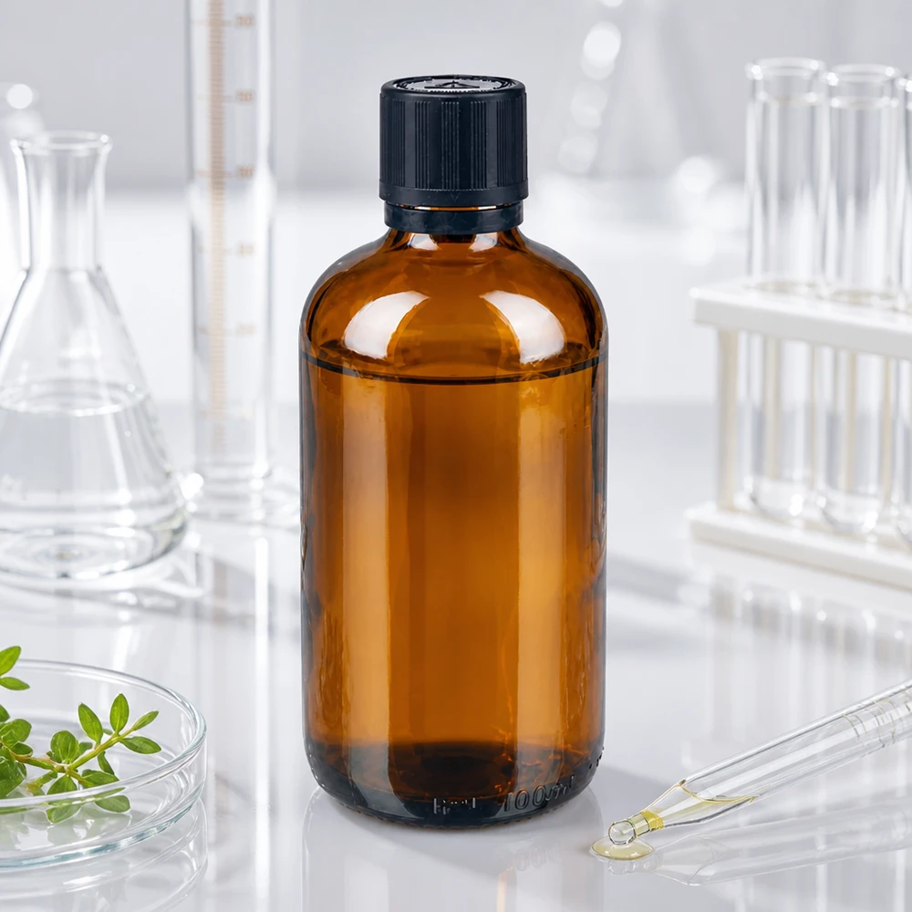 100 ml:n ruskealasi-pullo, jossa on musta lapsiturvallinen korkki, laboratoriossa Erlenmeyer-pullon ja koeputkien välissä