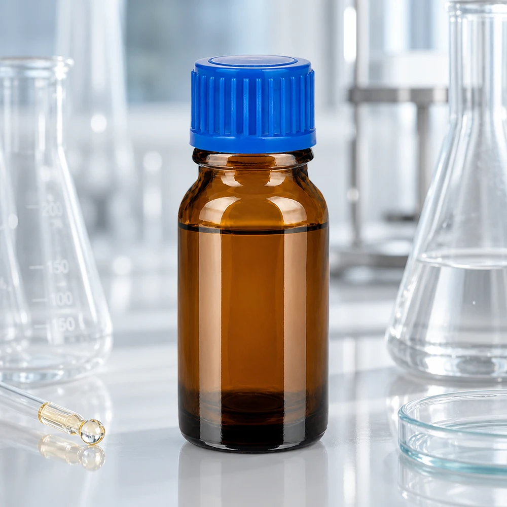 10ml laboratoriolaatuinen lasipullo ruskea, jossa sininen kierrekorkki tarkkaa annostelua varten.