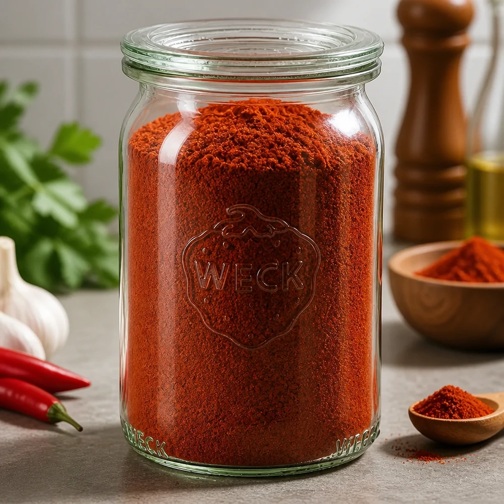 145ml sylinteripurkki lasikannella WECK RR40 WECK 145ml lieriömäinen purkki RR40 täynnä punaista paprikajauhetta keittiössä, jossa on mausteita ja chilipaprikoita.