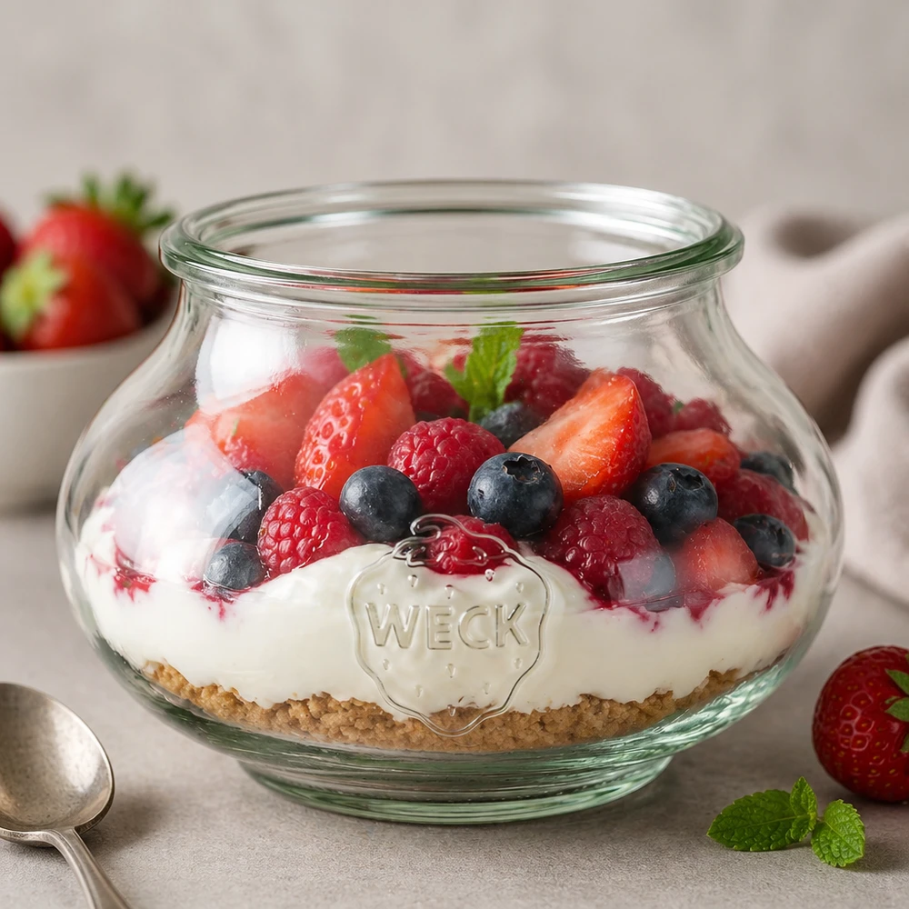 WECK Schmuckglas 560ml RR80 als elegantes Dessertglas mit Beerenmischung und Creme für stilvolle Tischdekoration