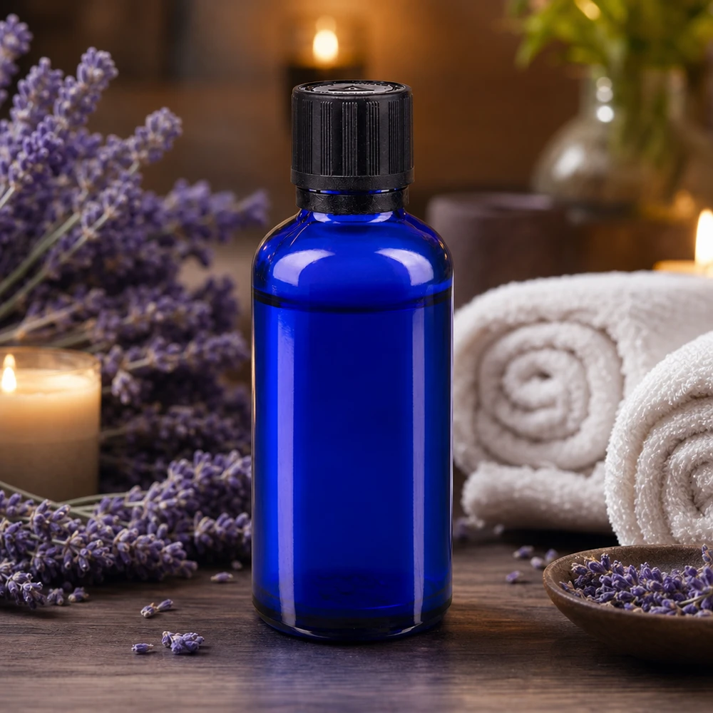 Apteekkipullo sininen 50ml tippapullo korkki kaatorengas 1mm musta lapsilukko sokea varoitussymboli peukaloinninesto sulkeminen. Sininen 50 ml:n lasipullo, jossa on tippakorkki, laventelikukkien ja hyvinvointitarvikkeiden keskellä