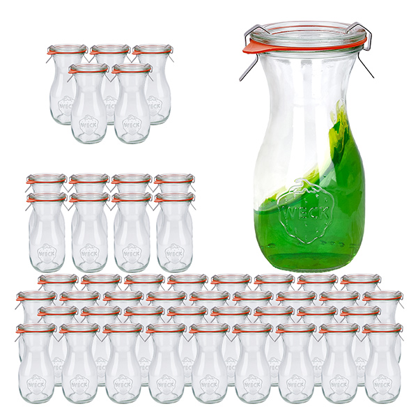 Setti 48 Weck-purkkia 290ml mehupullo, jossa on 48 lasikantta. Setti 48 Weck-purkkia 290ml mehupullo, jossa on 48 lasikantta.