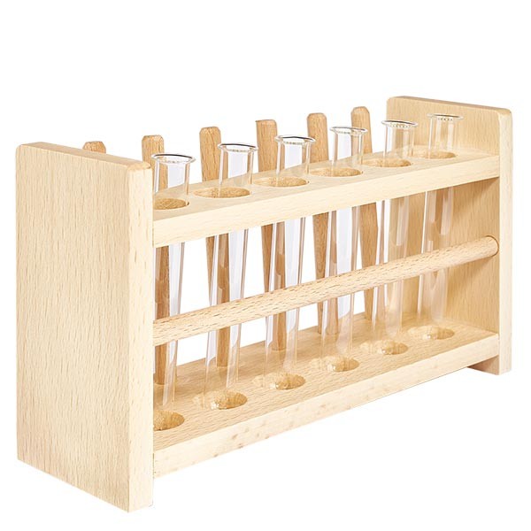 Puinen koeputkiteline, jossa on 6 koeputkea borosilikaatti 100x12. Puinen koeputkiteline, jossa on 6 koeputkea borosilikaatti 100x12.