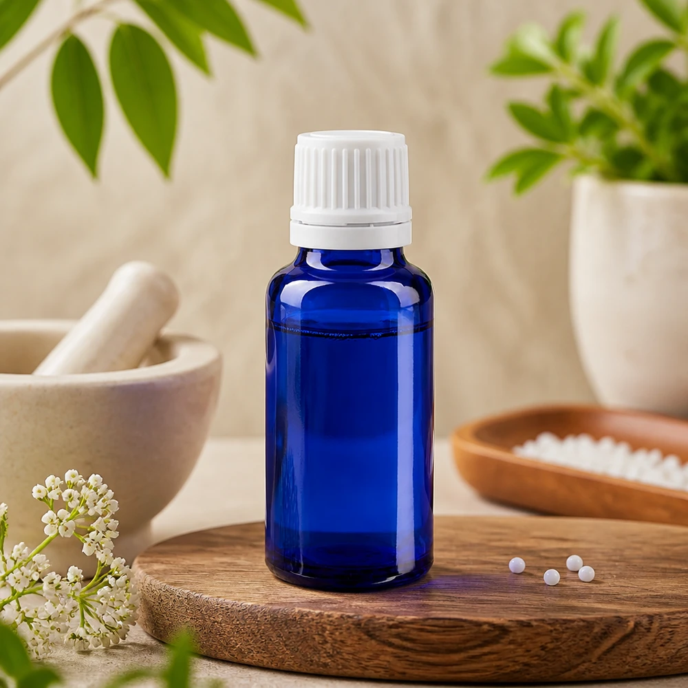 Koboltinsininen 20 ml:n apteekkipullo, jossa on valkoinen kierrekorkki, puulevyllä homeopaattisten pikkupallojen vieressä