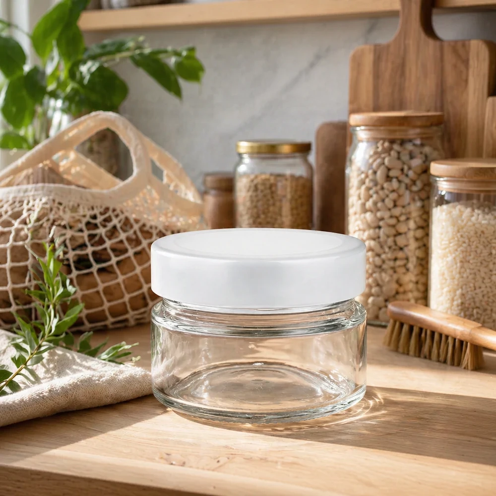 80ml pyöreä purkki BasicSeal-kannella valkoinen syvä UNiTWIST 80ml Rundglas mit BasicSeal Deckel auf Holzbrett in nachhaltiger Zero-Waste-Küche mit Vorratsglasern