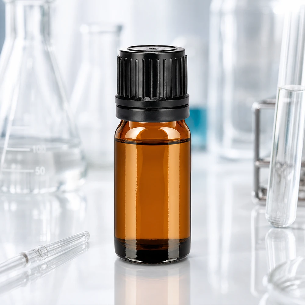 Kompakti 5ml BrownLine laboratoriopullo, jossa on musta korkki näytteiden väärentämisen varalta.