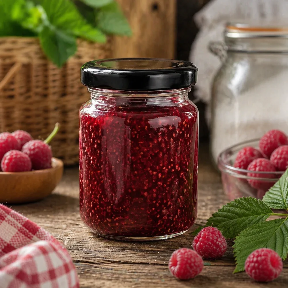 53ml pyöreä purkki, jossa on BasicSeal-kansi musta UNiTWIST 53ml pyöreä purkki musta kansi täynnä vadelmahilloa maalaiskeittiö tuoreet marjat hillopurkki