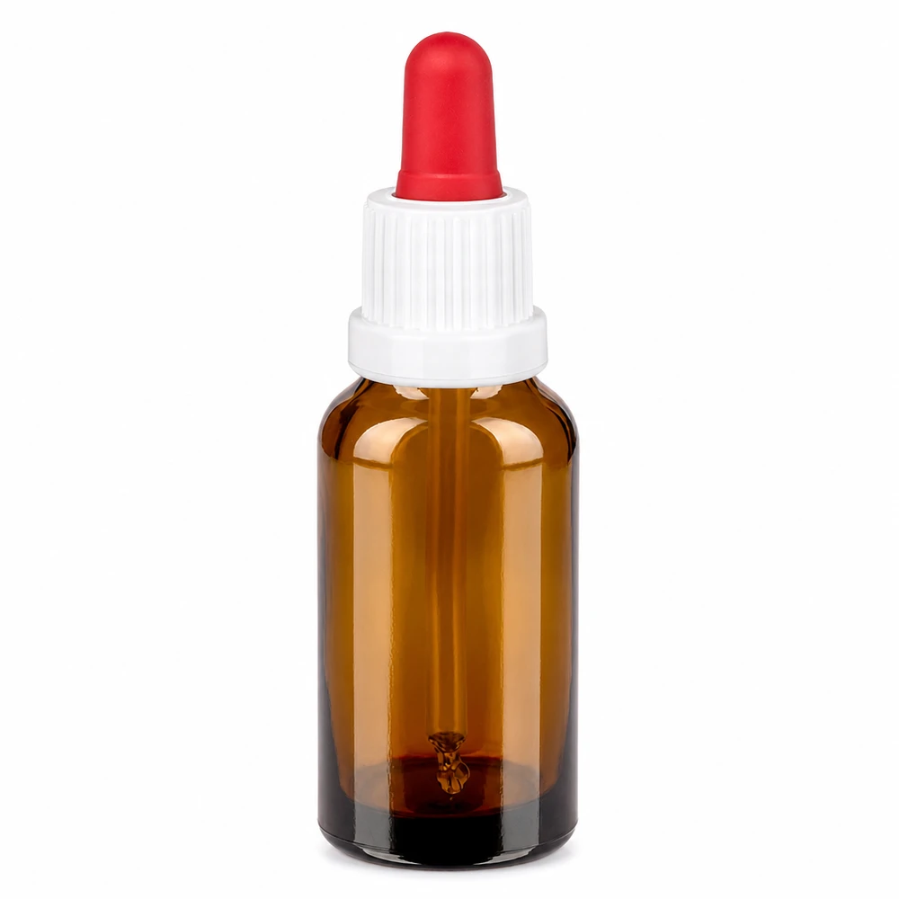 20ml pipettipullo valkoinen/punainen väärentämisen estävä suljin BrownLine UT18/20 20 ml:n pipettipullo ruskea, jossa on valkoinen korkki ja punainen pipetti tarkkaa annostelua varten.