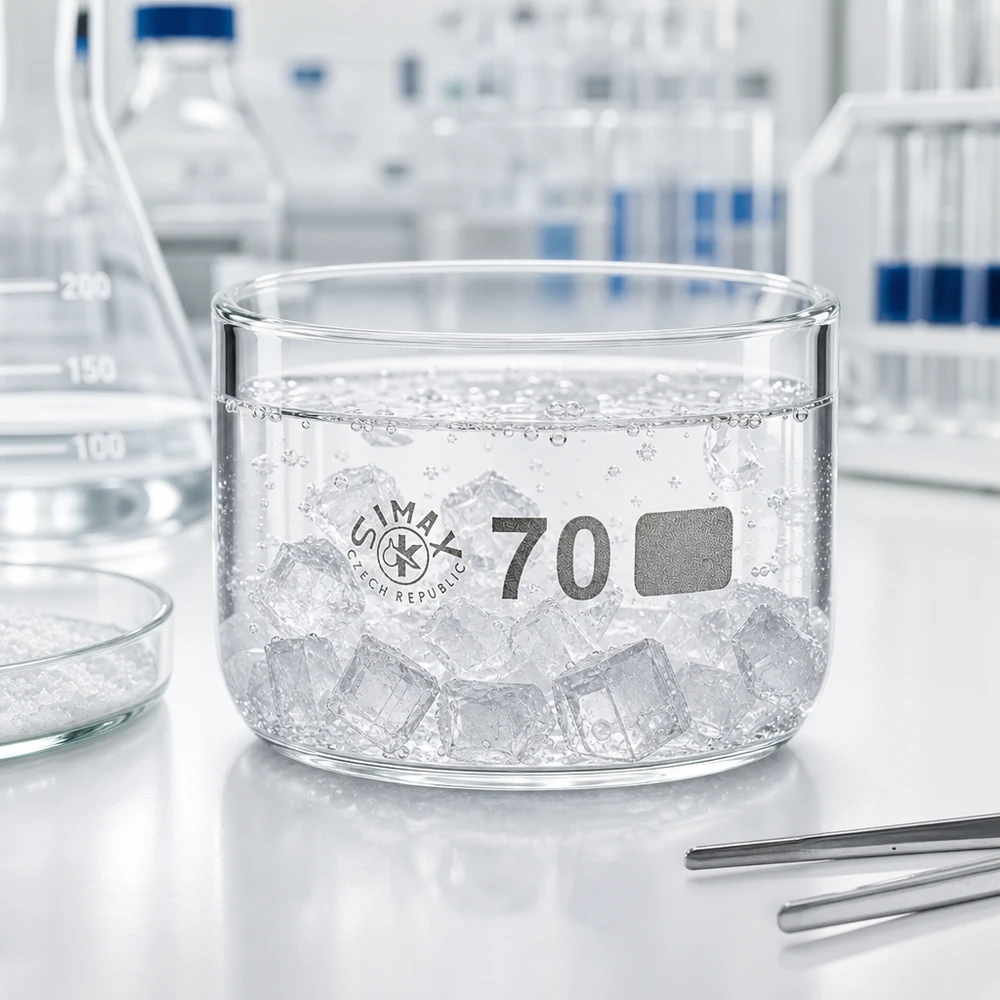 100 ml:n kiteytysastia, joka on täytetty jääkuutioilla, laboratoriossa valkoisella työtasolla