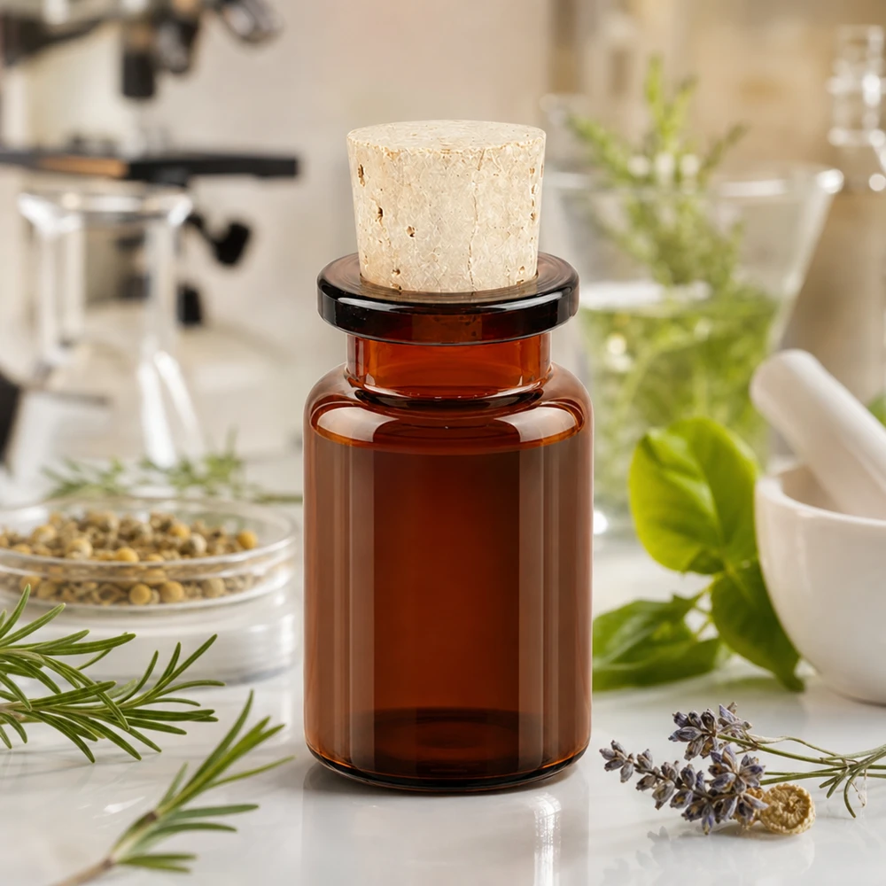 Braunglas Miniaturflasche 5ml mit Korkverschluss 14mm geeignet für Proben Reagenzien und Kräuteröle