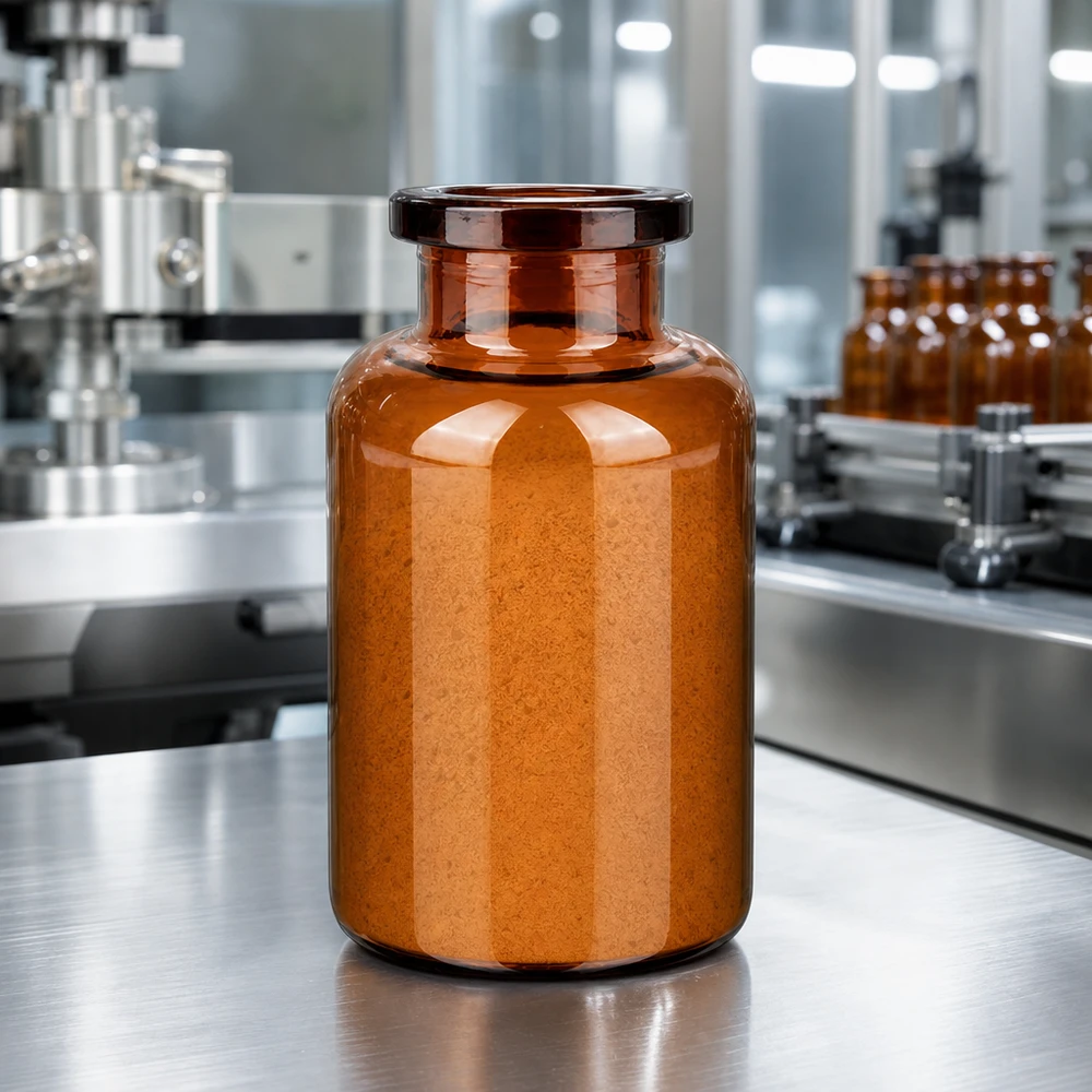 Injektiopullo meripihkalasia 20ml Zylindrische Injektionsflasche 20ml Braunglas gefüllt mit orangem Lyophilisat
