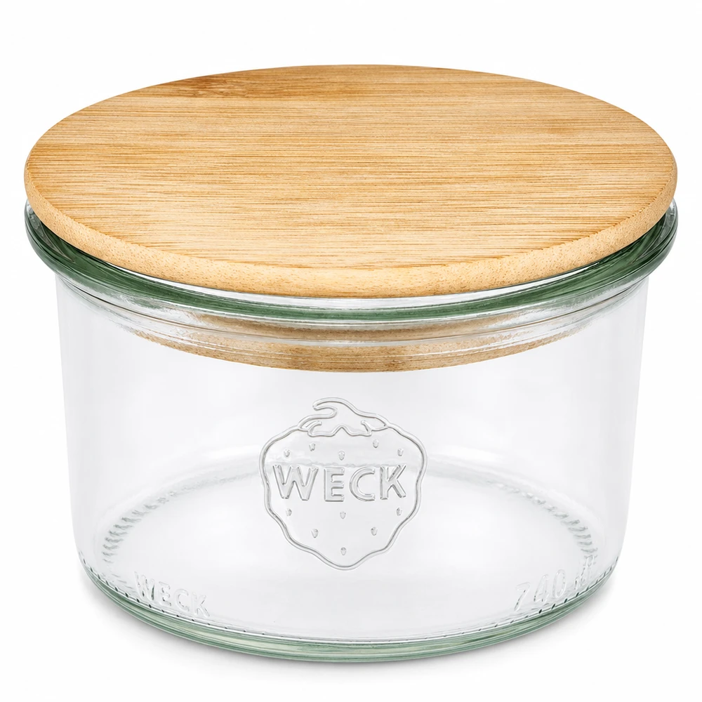 200ml WECK RR80 -mukit, joissa on puinen kansi WECK 200ml RR80 muuripurkki, jossa on bambu puinen kansi Läpinäkyvä pyöreä muuripurkki keittiöön ja säilytykseen.
