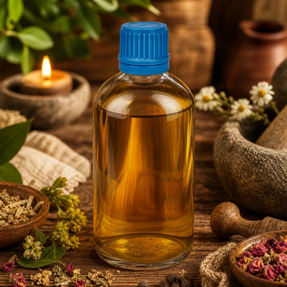 Aromaattinen 100 ml:n ClearLine UT18 -lasipullo, jossa on sininen korkki, yrttejä ja lääkekasveja
