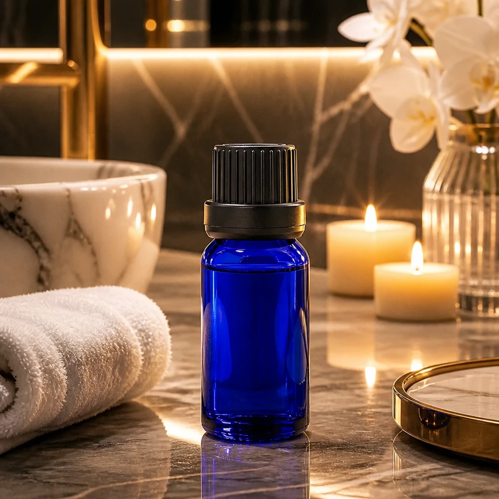 5ml pullo 11mm ruuvikorkki musta väärentämisen estävä korkki BlueLine UT18/5 Tyylikäs 5ml BlueLine lasipullo mustalla korkilla ammattimaiseen kosmetiikkaan ja hyvinvointiin.
