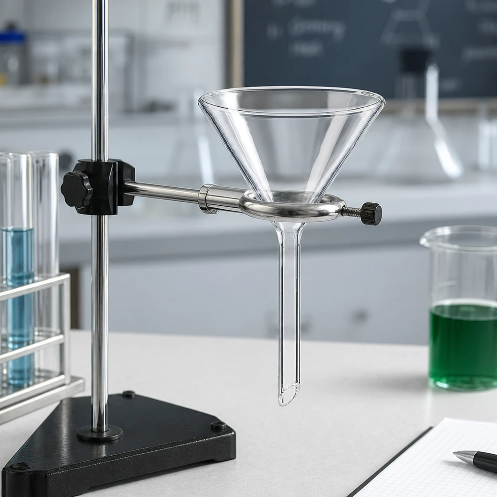 Suppilo ø60mm soodakalkki, kulma 60°, lyhyt malli. Kestävästä soodalasista valmistettu laboratoriosuppilo, jossa on kompakti lyhyt kahva tilaa säästävää säilytystä varten.