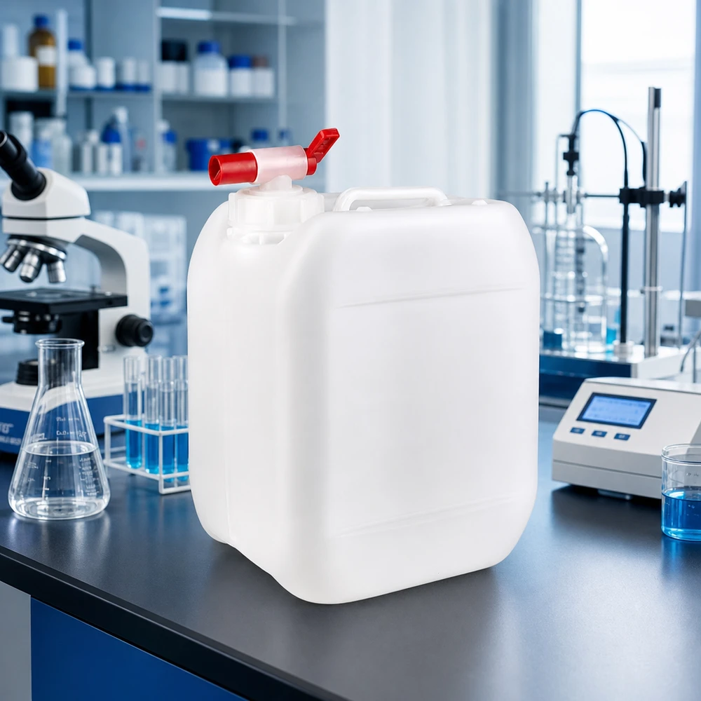 Suorakulmainen 5 litran kanisteri, jossa on punainen hana, laboratoriopöydällä mikroskoopin ja Erlenmeyer-pullon vieressä