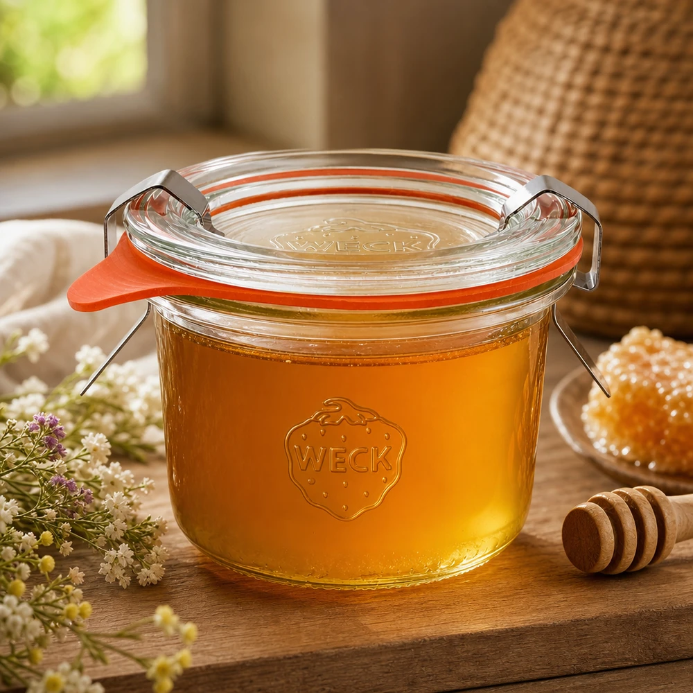 80 ml:n tumppupurkki täydellisenä WECK RR60 WECK-maljat 80ml RR60 täynnä hunajaa ja hunajalusikkaa osoittavat nestemäisten tuotteiden luonnollisen säilytyksen.