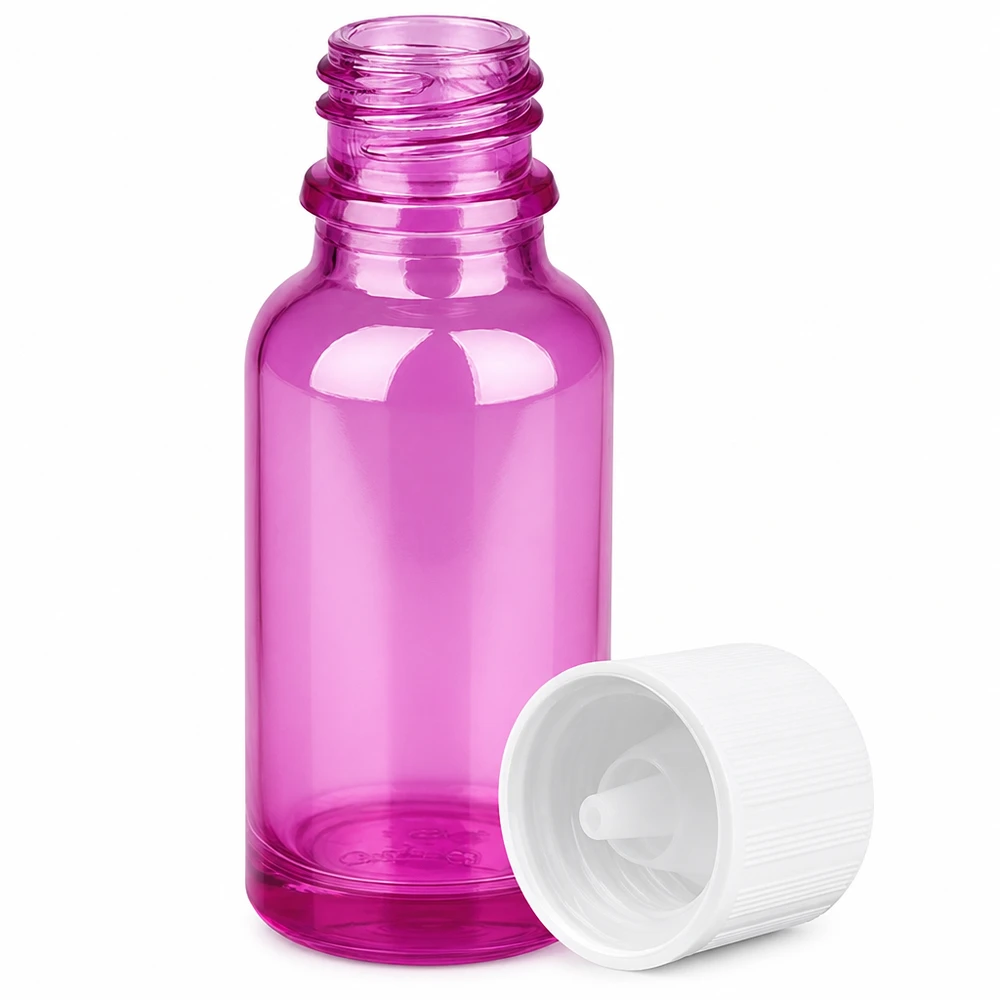 20ml tippapullo 1,2mm valkoinen vakiovarusteinen lapsiturvallinen PurpleLine.UT18/20 Pieni 20ml violetti lasinen tippapullo, jossa on käytännöllinen tippaputki eteerisille öljyille.