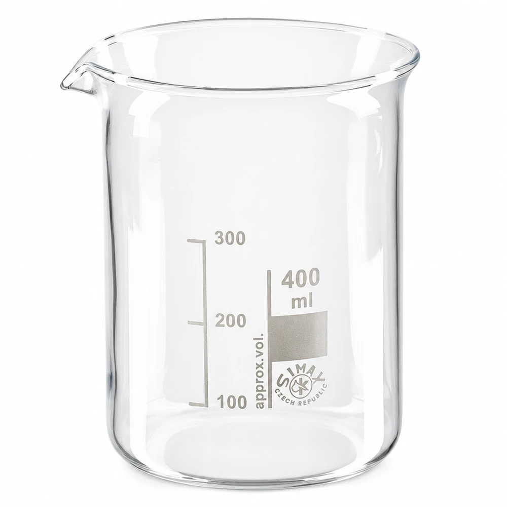 Tarkka 400 ml:n laboratoriolasi, joka on valmistettu kuumuutta kestävästä borosilikaattilasista ja jossa on millilitra-asteikko.