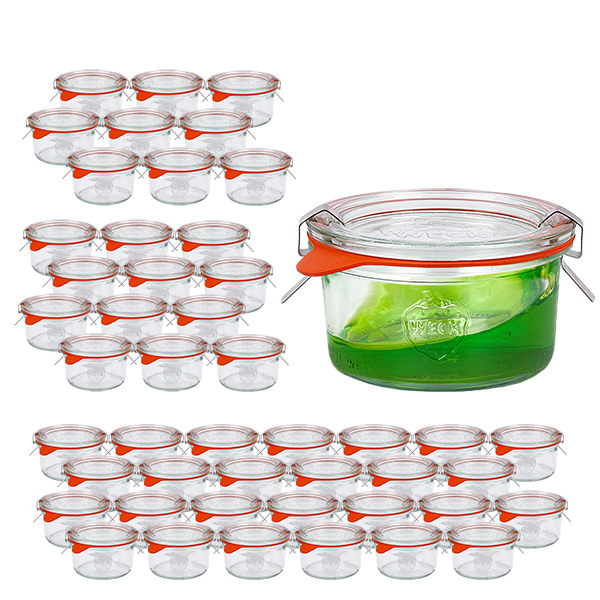 Setti 48 Weckin 165 ml:n lasikannella varustettua juomapurkkia, 48 kpl. Setti 48 Weckin 165 ml:n lasikannella varustettua juomapurkkia, 48 kpl.