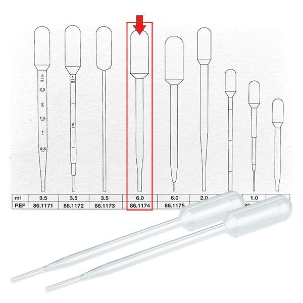 6 ml:n siirtopipetti (152x15mm) ilman asteikkoa. 6 ml:n siirtopipetti (152x15mm) ilman asteikkoa.