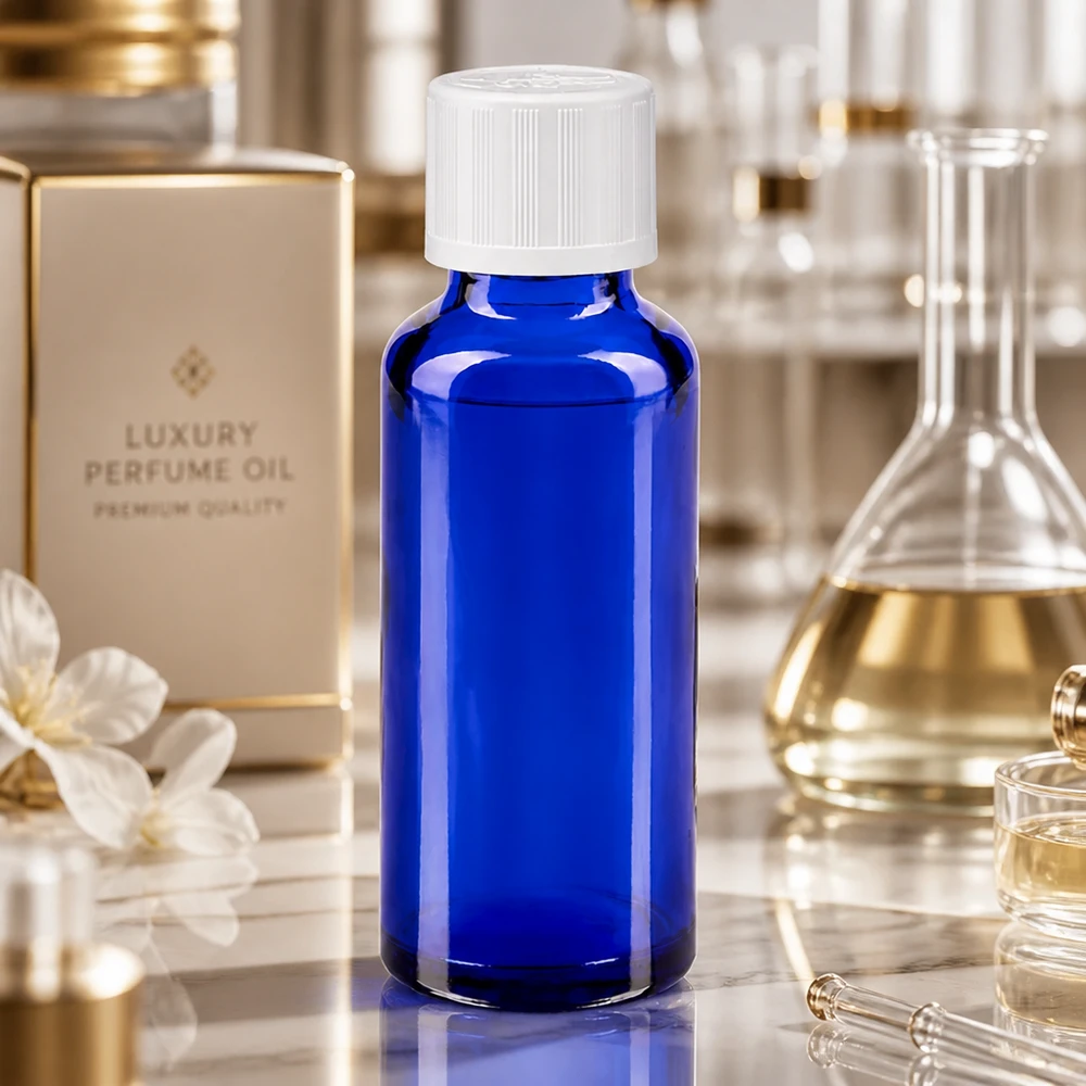 Apteekkipullo sininen 30ml kierrekorkki valkoinen lapsiturvallinen vakio 30 ml:n koboltinsininen lasinen laboratoriopullo, jossa on valkoinen lapsiturvallinen korkki, laboratorioympäristössä