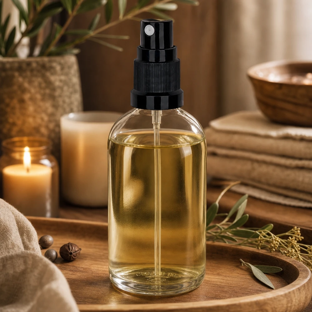 Aromaterapia-suihkepullo, 100 ml, lasi, kultaisella öljyllä ja mustalla sumuttimella, Wellness Ambiente