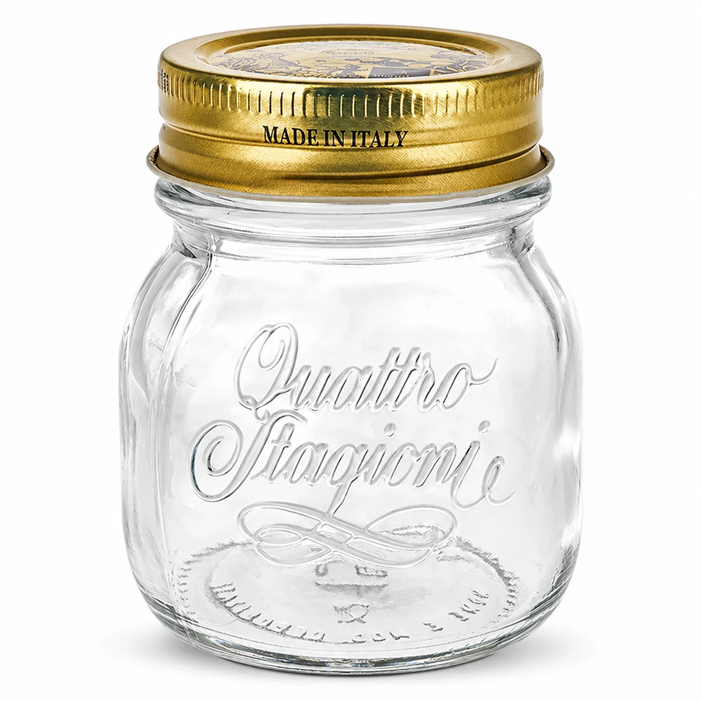150ml pyöreä purkki Quattro Stagioni kultaisella kannella Made in Italy säilöntään ja purkitukseen.