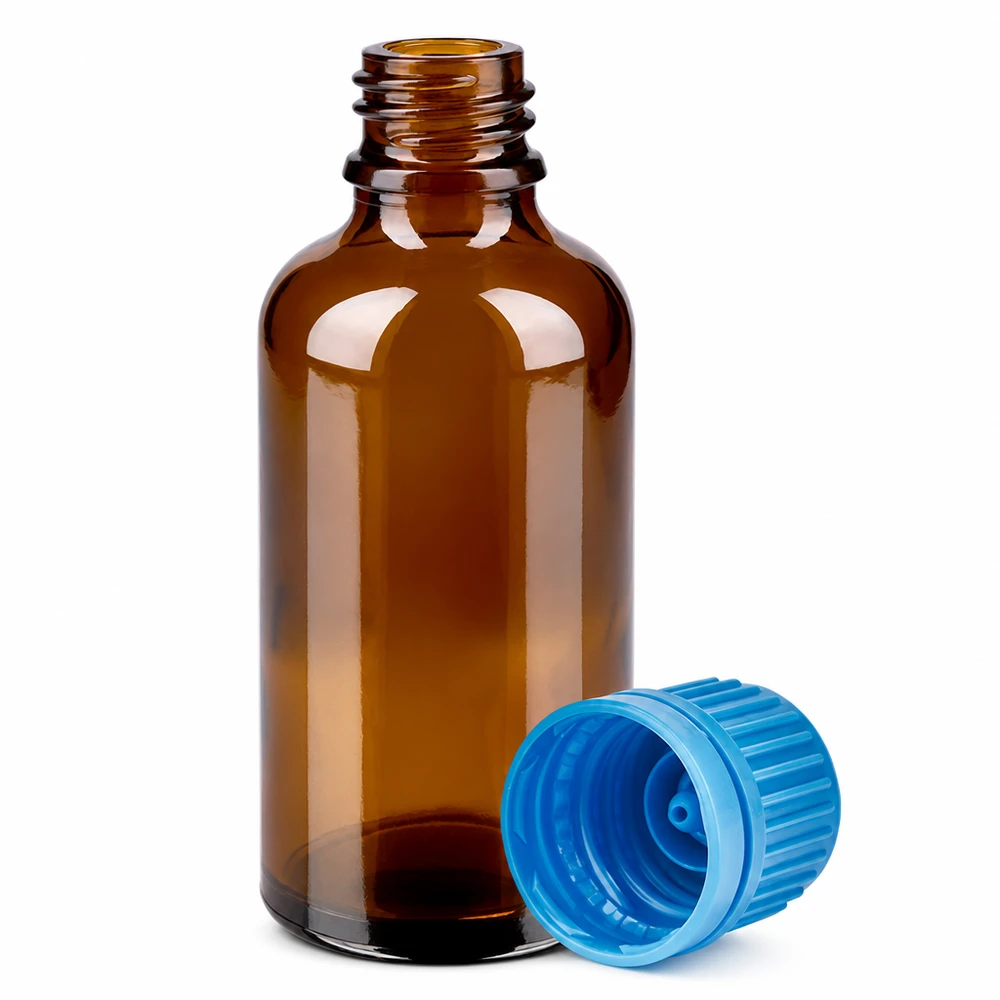 Ruskea lääkepullo 50ml kierteellä ja sinisellä korkilla BrownLine-sarjasta.