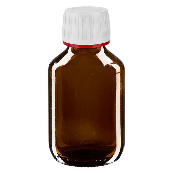 100ml lääkepullo ruskea, korkki valkoinen, jossa peukaloinnin estävä rengas punainen ApoGlas 100ml lääkepullo ruskea, korkki valkoinen, jossa peukaloinnin estävä rengas punainen ApoGlas