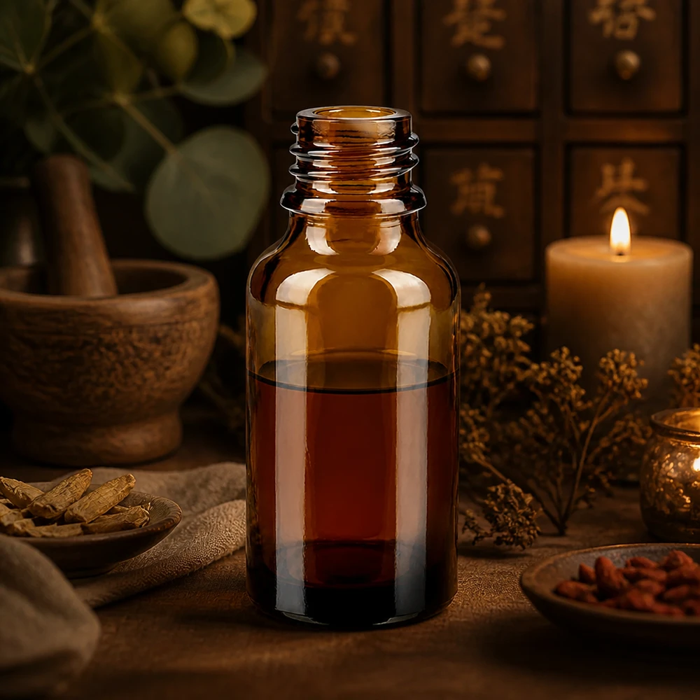 Tippapullo 30 ml DIN 18 ruskeankeltainen lasi LOW SHAPE 30ml ruskea Apteekkipullo ApoGlas punaisella tinktuuralla maalaismaisessa yrttiapteekissa, jossa on laasti ja mausteet