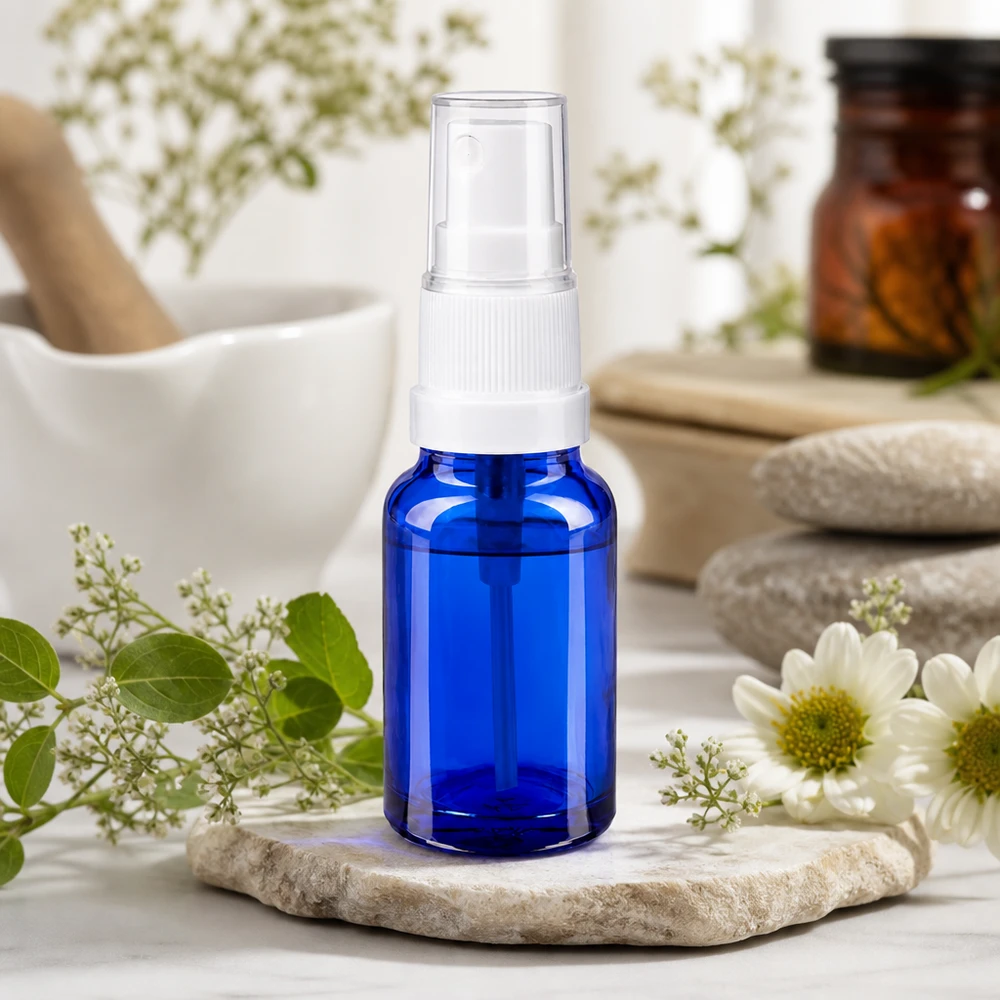 10ml suihkepullo valkoinen/läpinäkyvä vakiokorkki BlueLine UT18/10 10ml kosmetiikkasuihkepullo valkoisella suihkulaitteella, ihanteellinen DIY-luonnonkosmetiikkaan ja kasvosuihkeisiin.