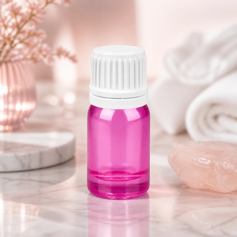 Elegantti 5ml lasipullo kirkkaan violetilla ja valkoisella korkilla ihonhoitotuotteille.