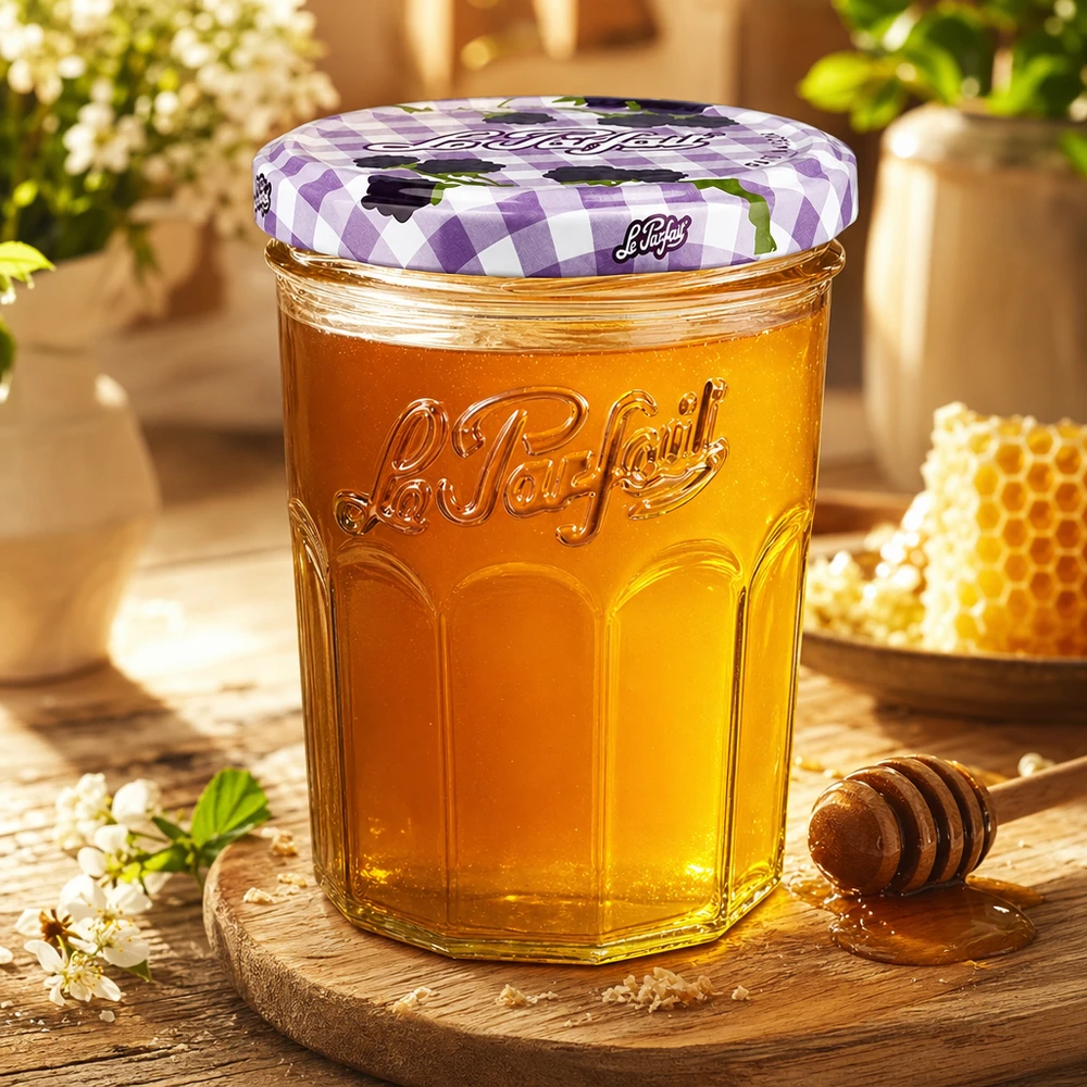 385ml Sturzglas "Jam" mit Schraubdeckel Le Parfait® Le Parfait -mukit 385ml täynnä hunajaa hunajakennon ja hunajalusikan vieressä puisella laudalla lämpimässä ilmapiirissä.