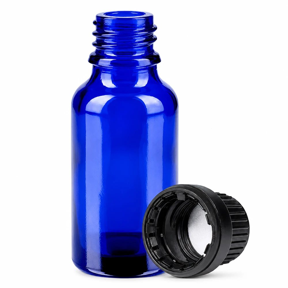 20ml pullo 11mm kierrekorkki musta tamper-evident korkki BlueLine UT18/20 Koboltinsininen 20ml lasipullo kierteellä ja mustalla korkilla aromaterapiaa varten.
