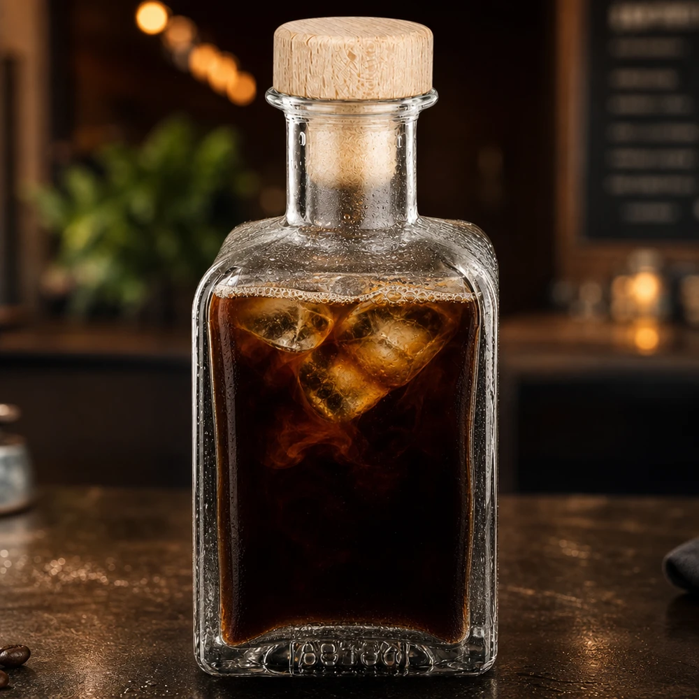 200ml Glasflasche "Clara" mit Holzgriff-Korken UNiTWIST 200ml lasipullo Clara täynnä kylmää kahvia jääkuutioita puukorkki tunnelmallinen valaistus kahvilatunnelma