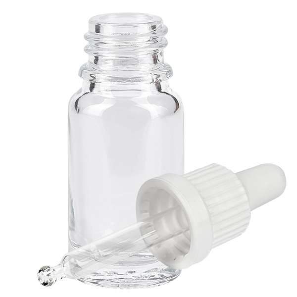 10ml pipettipullo valkoinen peukaloinnin estävä korkki ClearLine UT18/10 Pieni 10 ml:n pipettipullo kirkkaasta lasista, jossa on valkoinen pipettikärki ja kumisuutin