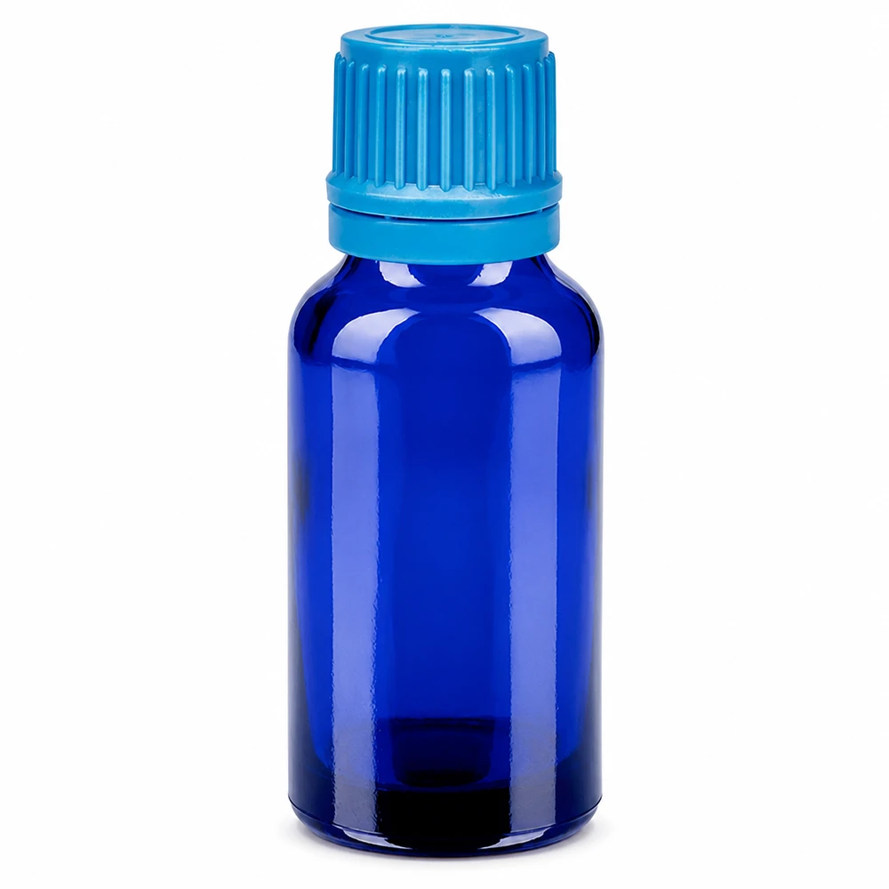 20ml pullo 11mm kierrekorkki sininen tamper-evident korkki BlueLine UT18/20 BlueLine UT18/20 20ml sininen lasipullo, jossa on kierrekorkki eteerisille öljyille ja tinktuureille.