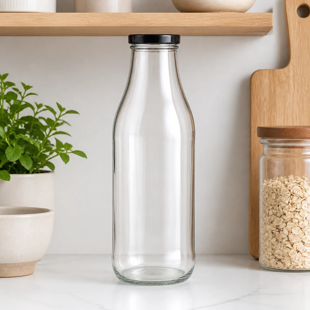 1000ml lasipullo + BasicSeal-kansi musta UNiTWIST Tyhjä 1000ml lasipullo mustalla kannella modernissa keittiössä puuhyllyjen ja yrttikasvin vieressä.