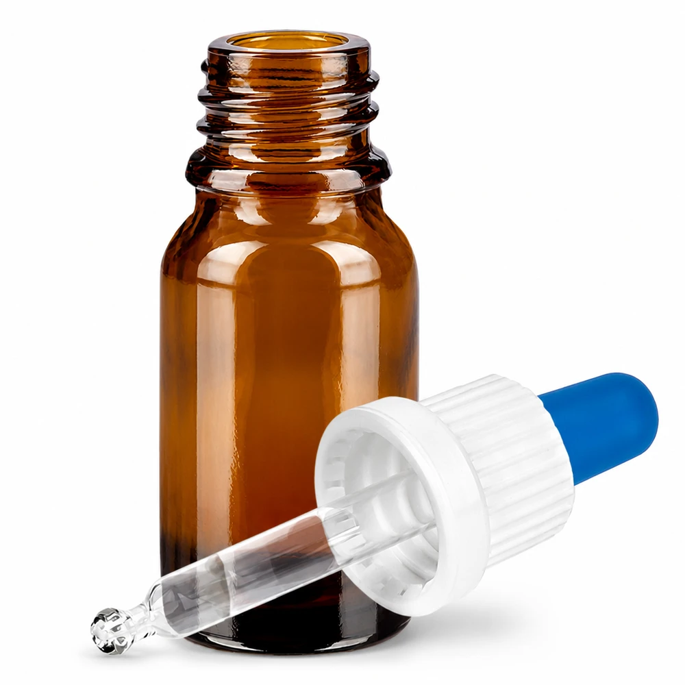 10ml meripihkanvärinen lasipipettipullo, jossa on tippakorkki kosmetiikkaa ja eteerisiä öljyjä varten.